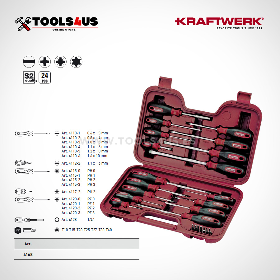 4168 Estuche de destornilladores/puntas para tornillos de ranura, Phillips, Pozidriv y TX 01